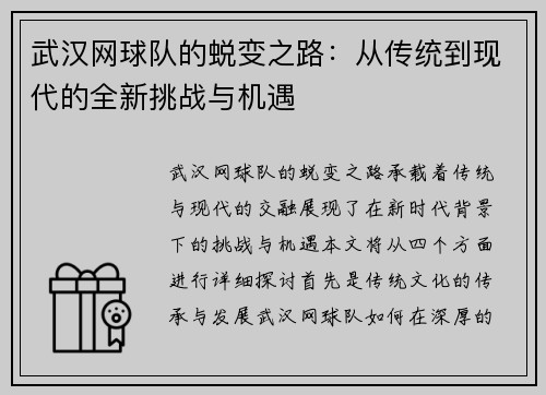 武汉网球队的蜕变之路：从传统到现代的全新挑战与机遇